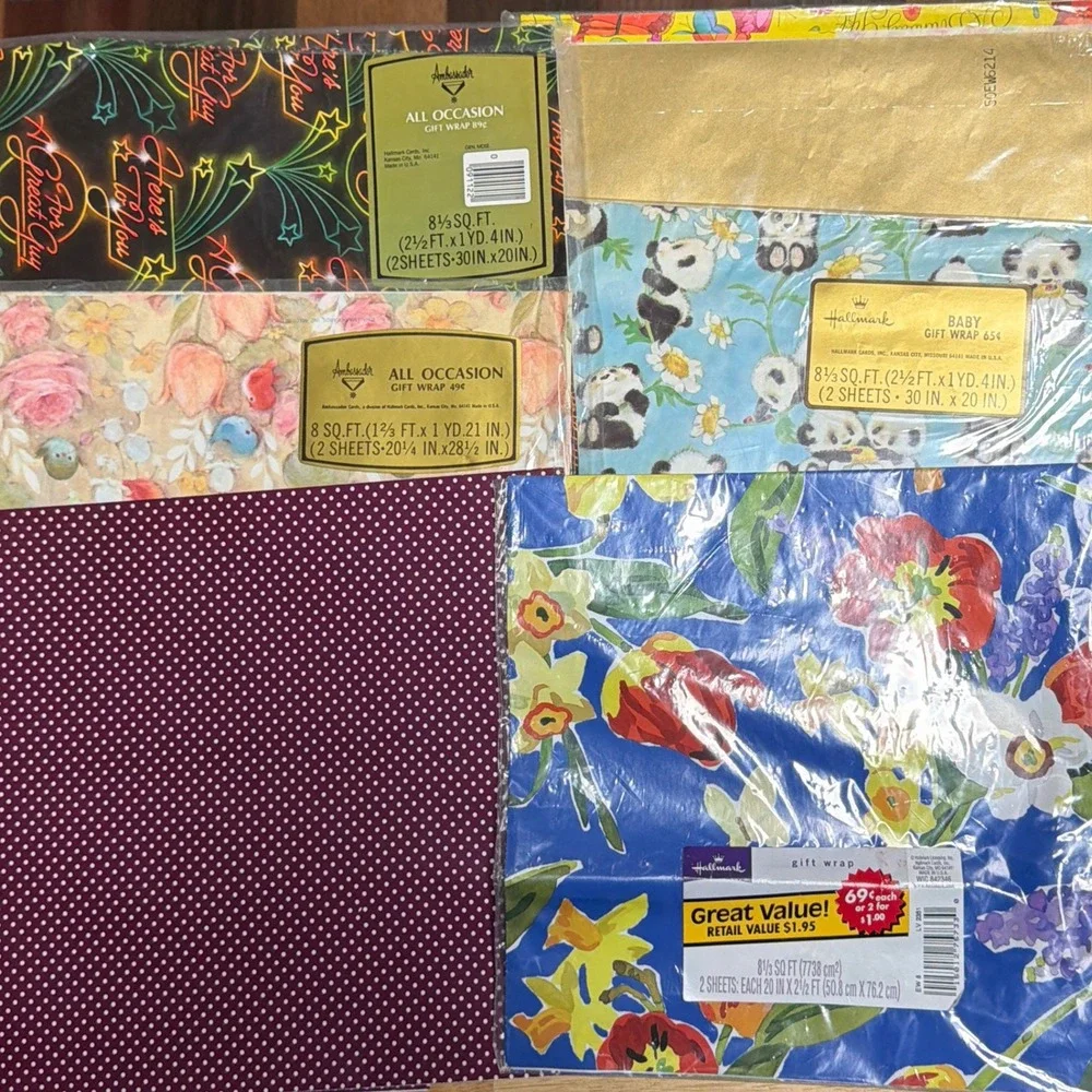 VTG Hallmark Ambassador Gift Wrap Lot Panda Floral Butterfly Polka Dot Neon
